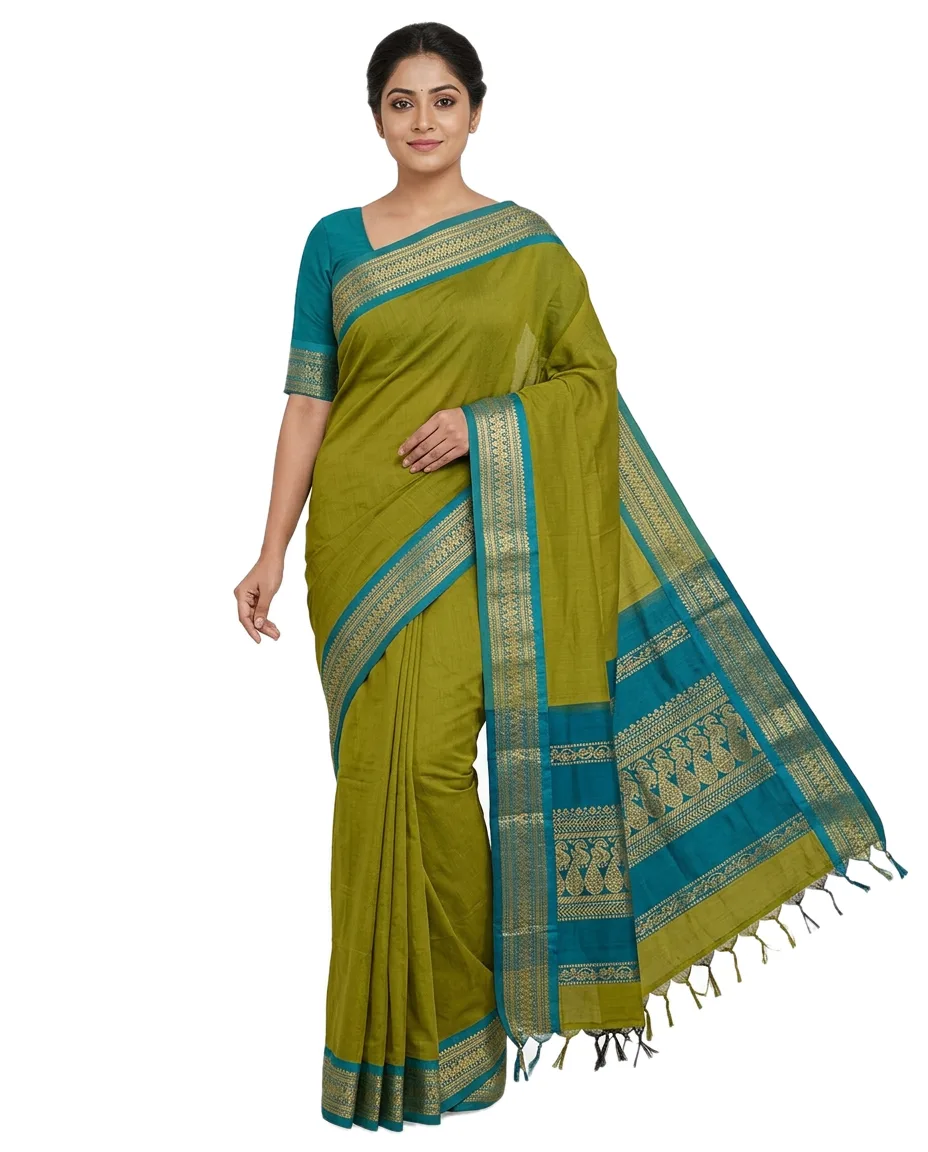 Gadwal Cotton Blend Saree, Olive Green Coloured with Blue Border Zori Work & Plain Body with Contrast Blouse Piece