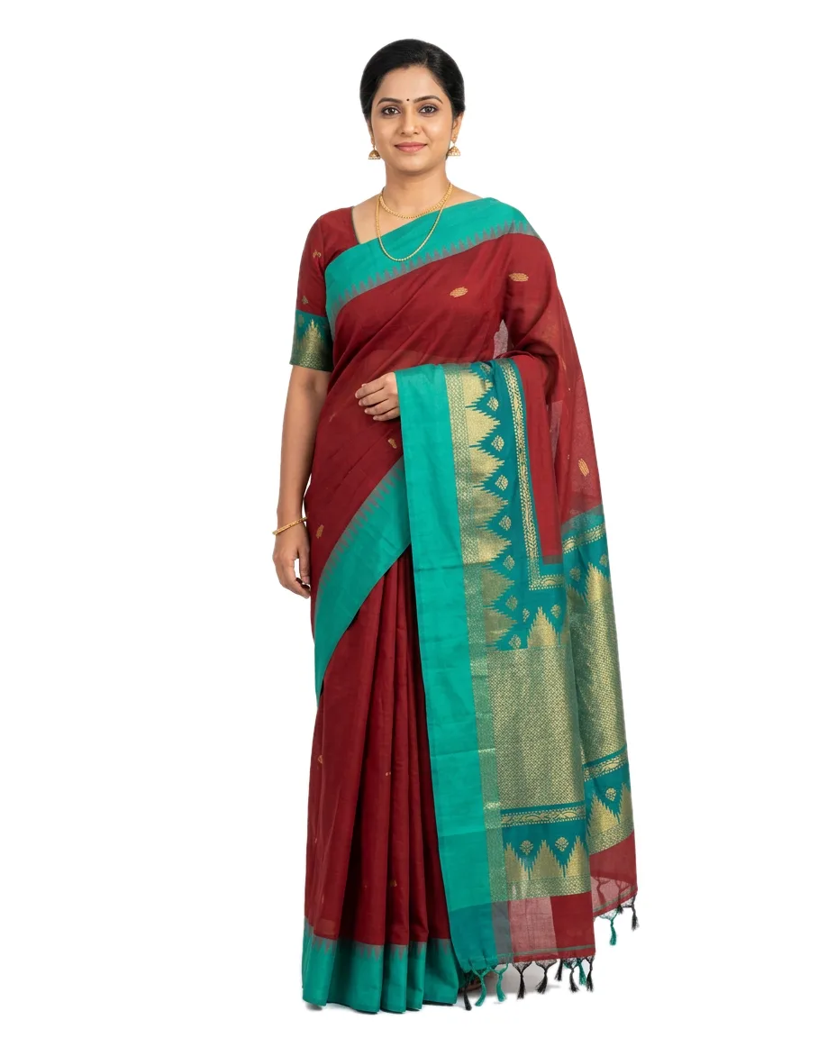 Gadwall Cotton Blend Saree, reddish maroon and bright sea green Border