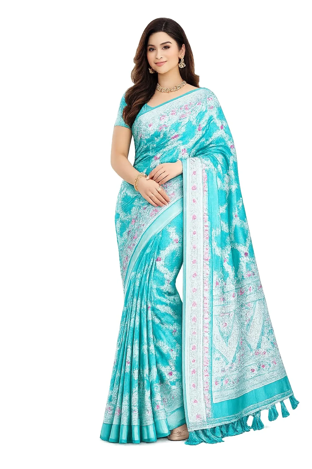 Cotton Blend Chanderi Fashion Saree Deep Sky Blue with White Floral work