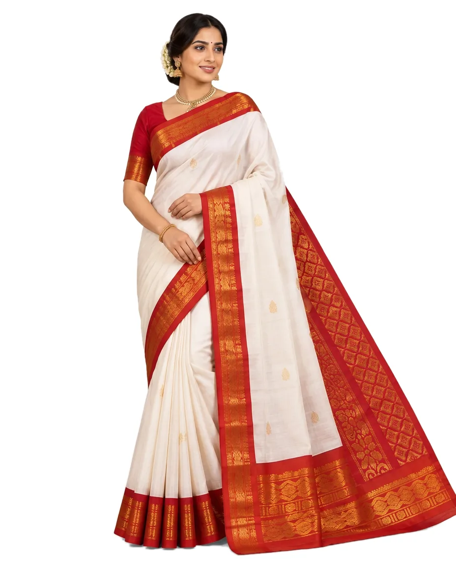 Indian Traditional Cotton with Silk Border Gadwall Saree, White with Red Zori Border and pallu, for Women – front view