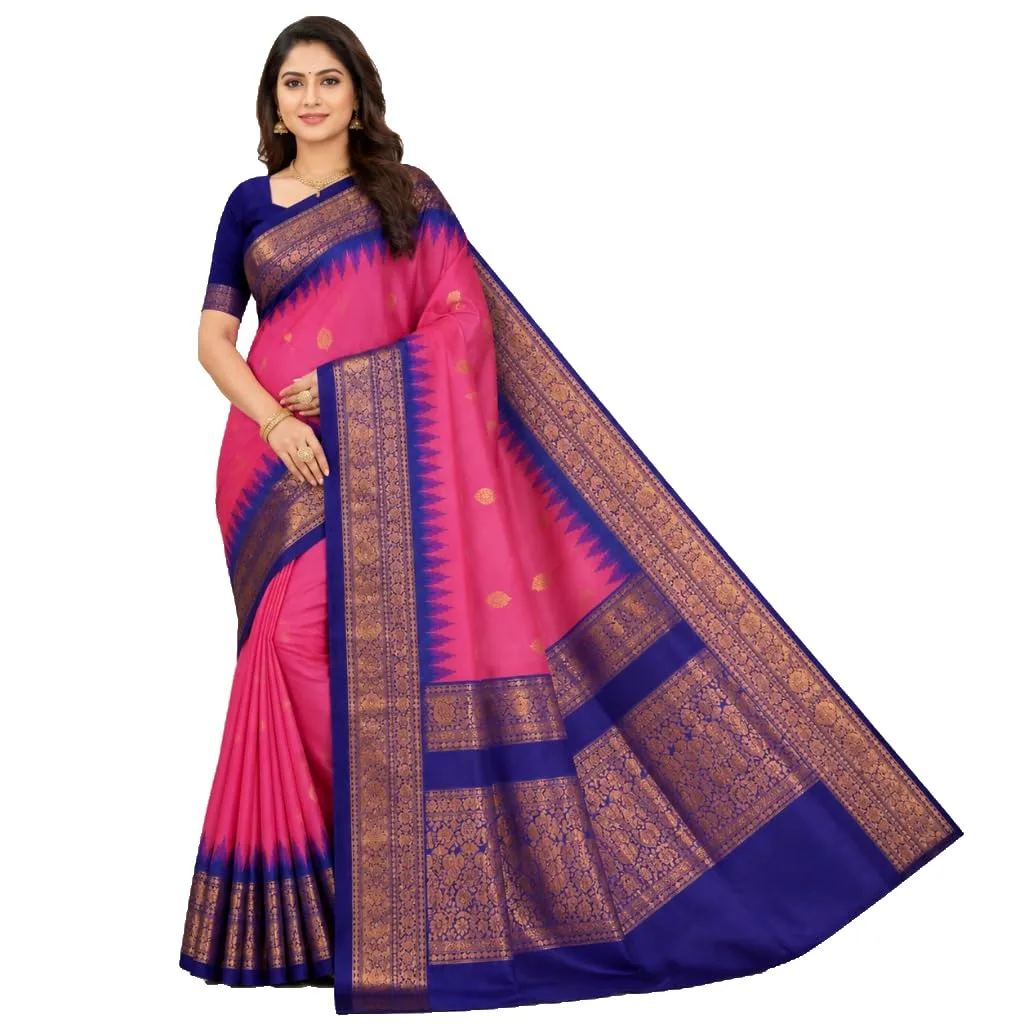 Reddish Pink Deep Blue Border & Pallu Zori Worked Gadwall Saree for Women