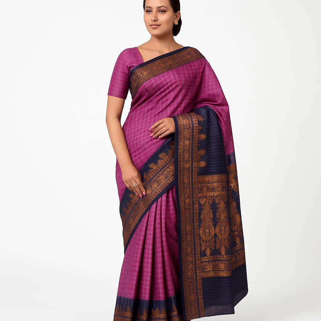 Cotton Blend Saree, Deep reddish pink with Dark Blue Zori Border