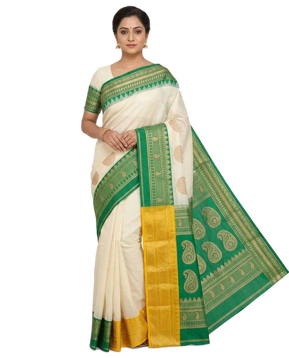 Silk Kota Gadwall Saree, Off White Plain with Green & Yellow with Ganga yamuna Border