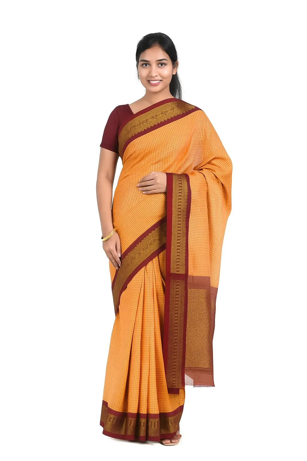 Cotton Blend Gadwall Bright Yellow Saree with Checks Maroon Border