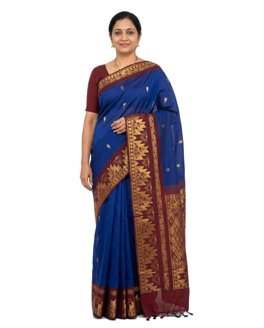 Indian Cotton Blend Traditional Gadwall Saree for Women, Deep Royal Blue Saree with Deep Maroon Border & Zori Worked Pallu