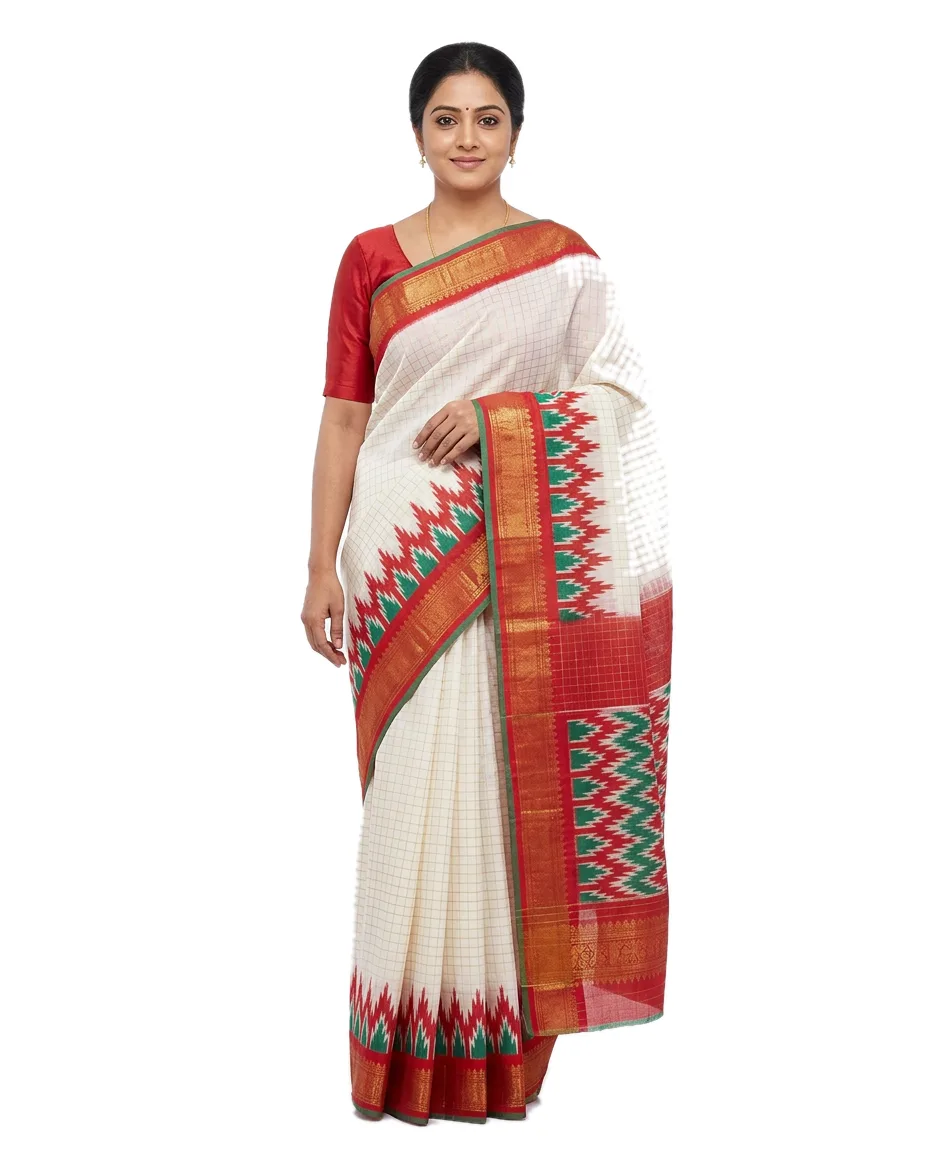 Indian Traditional Cotton Madurai Saree White with Zori Checks & Red-Zori Border