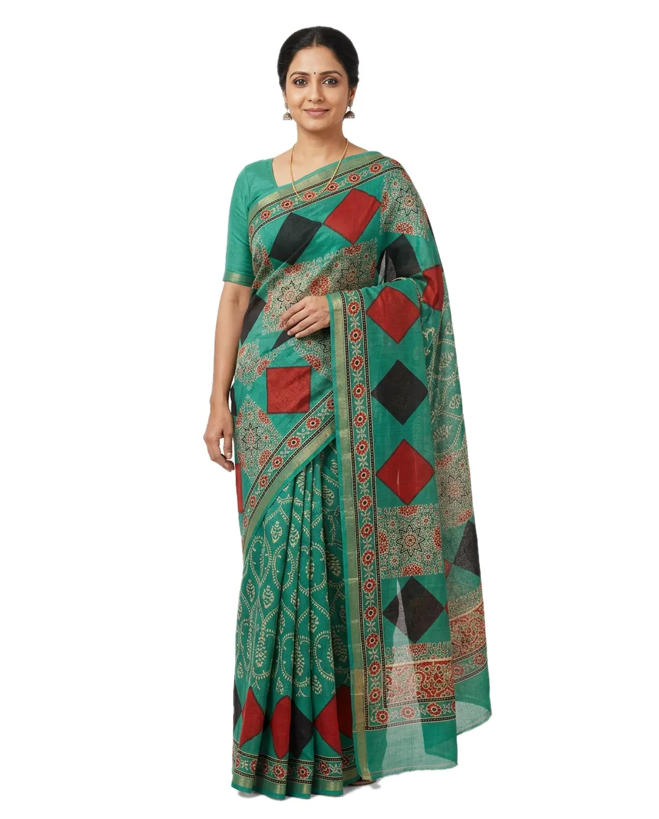 Silk-Cotton Chanderi Sea Green with Multi Coloured Ajrak printed saree with Blouse Piece