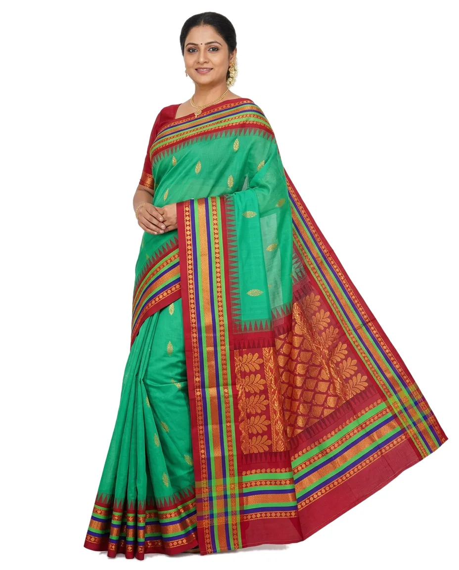 Traditional Ultimate Cotton Gadwall Saree, for Women, Bright Green with Multicolour Border
