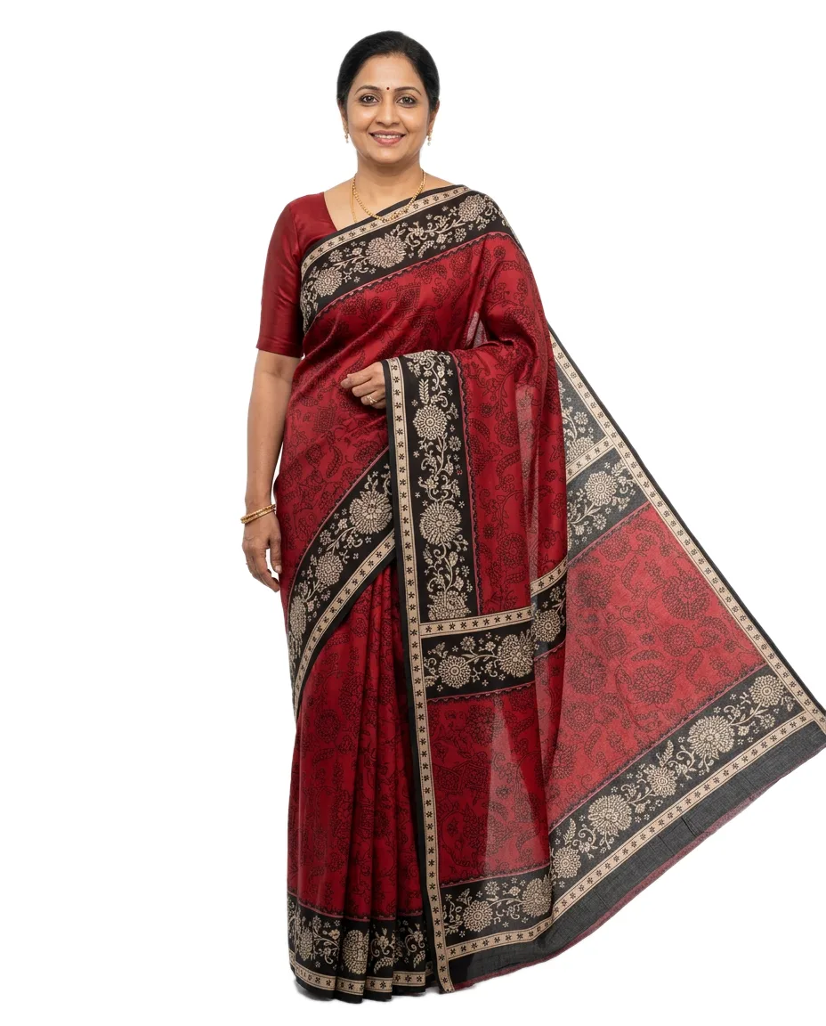 Soft Silk Red with Black Floral Kalamkari Printed Saree for Women