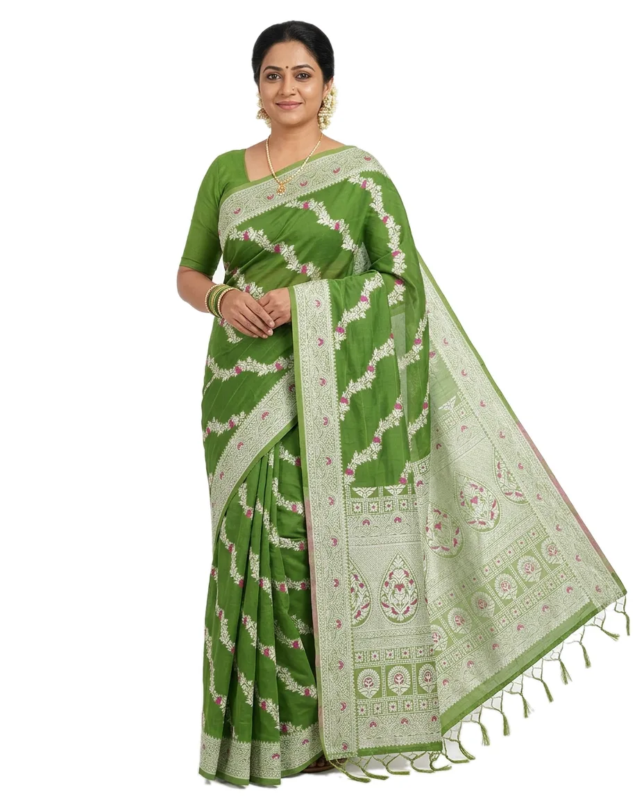 Cotton Blend Green, White Threaded Worked with Blouse Piece Chanderi Saree