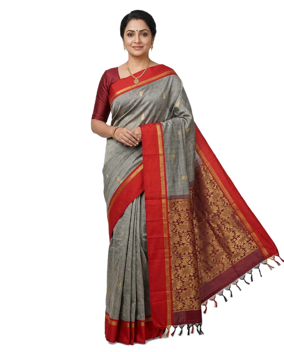 Cotton Blend Gadwall Traditional Saree Gray with Plain Red Border