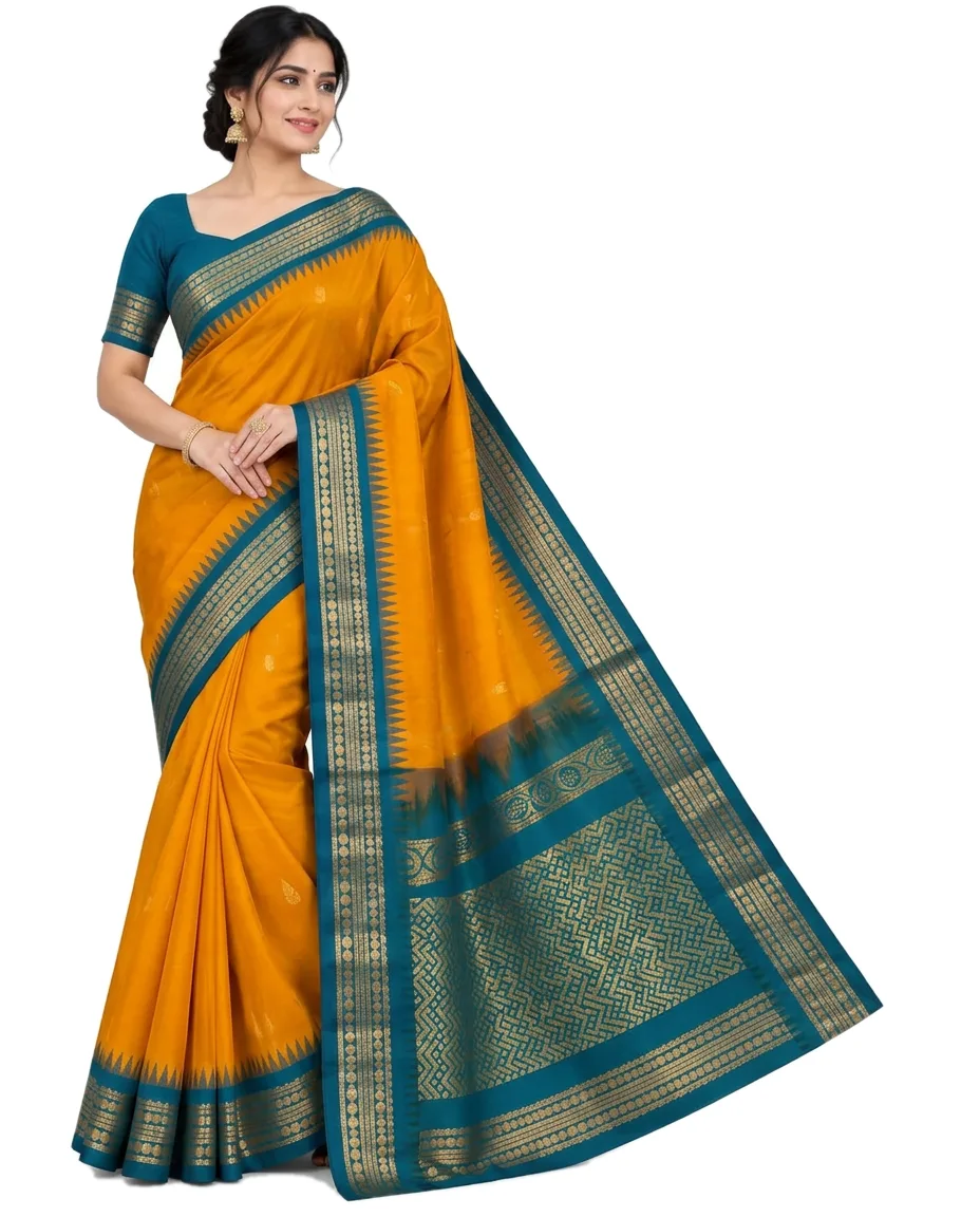 Pure Cotton Gadwall Saffron-orange with Teal-green Border, Pallu & Butis – front view