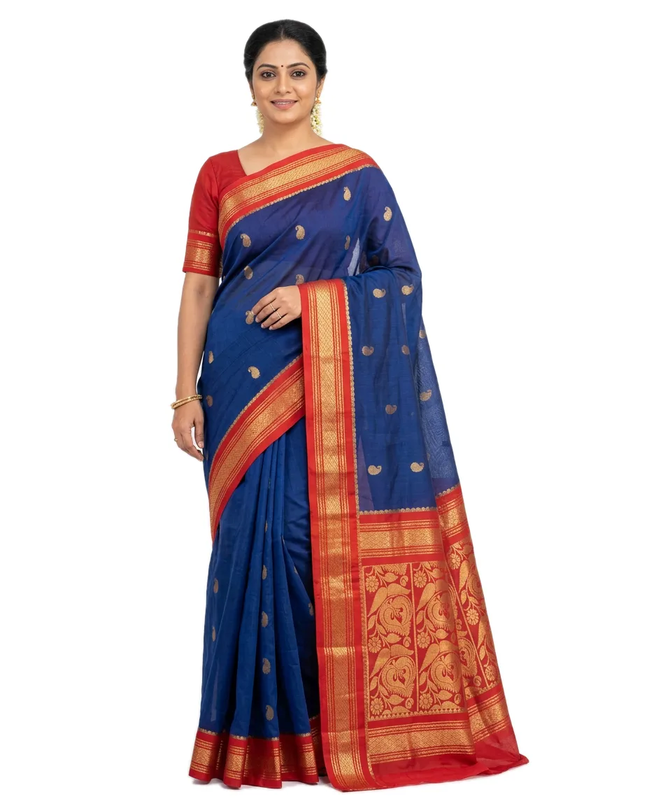 Silk-Cotton Indian Traditional Gadwall Saree, for Women, Deep Blue Saree, Red Zori Worked Border & Pallu