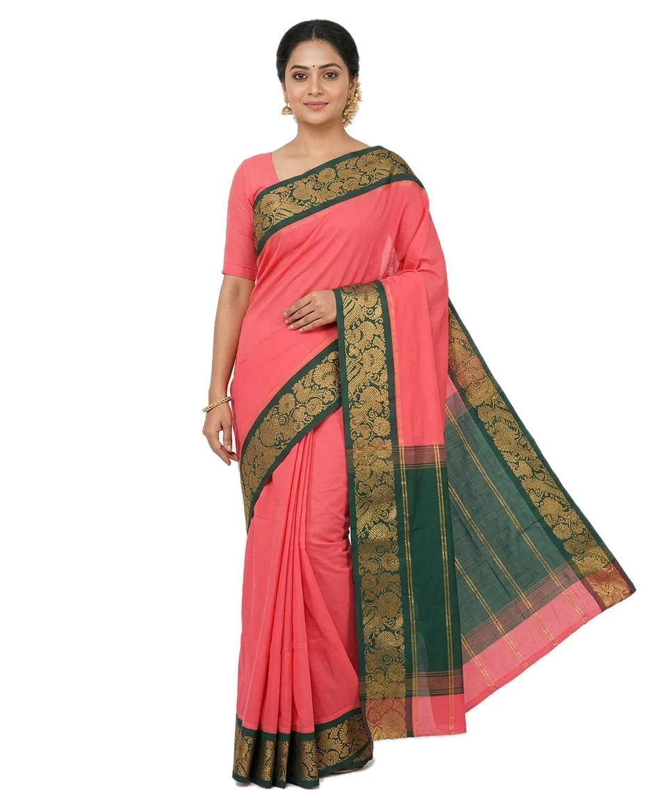 Indian Traditional Pure Cotton Gadwall Saree, for Women, Peaches Pink Plain with Zori Worked Border (peaches pink, Cotton)
