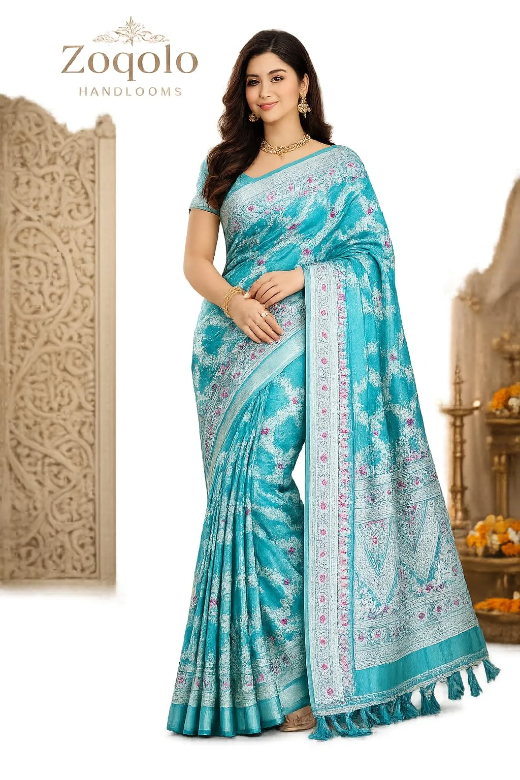 Cotton Blend Chanderi Fashion Saree Deep Sky Blue with White Floral work