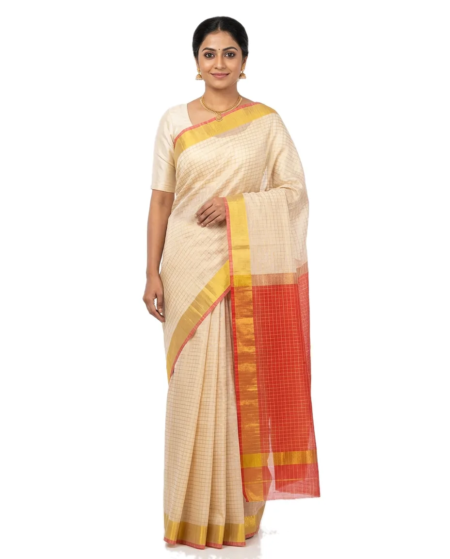 Madurai Off-white Zori Border Red Pallu Saree for Women – front view
