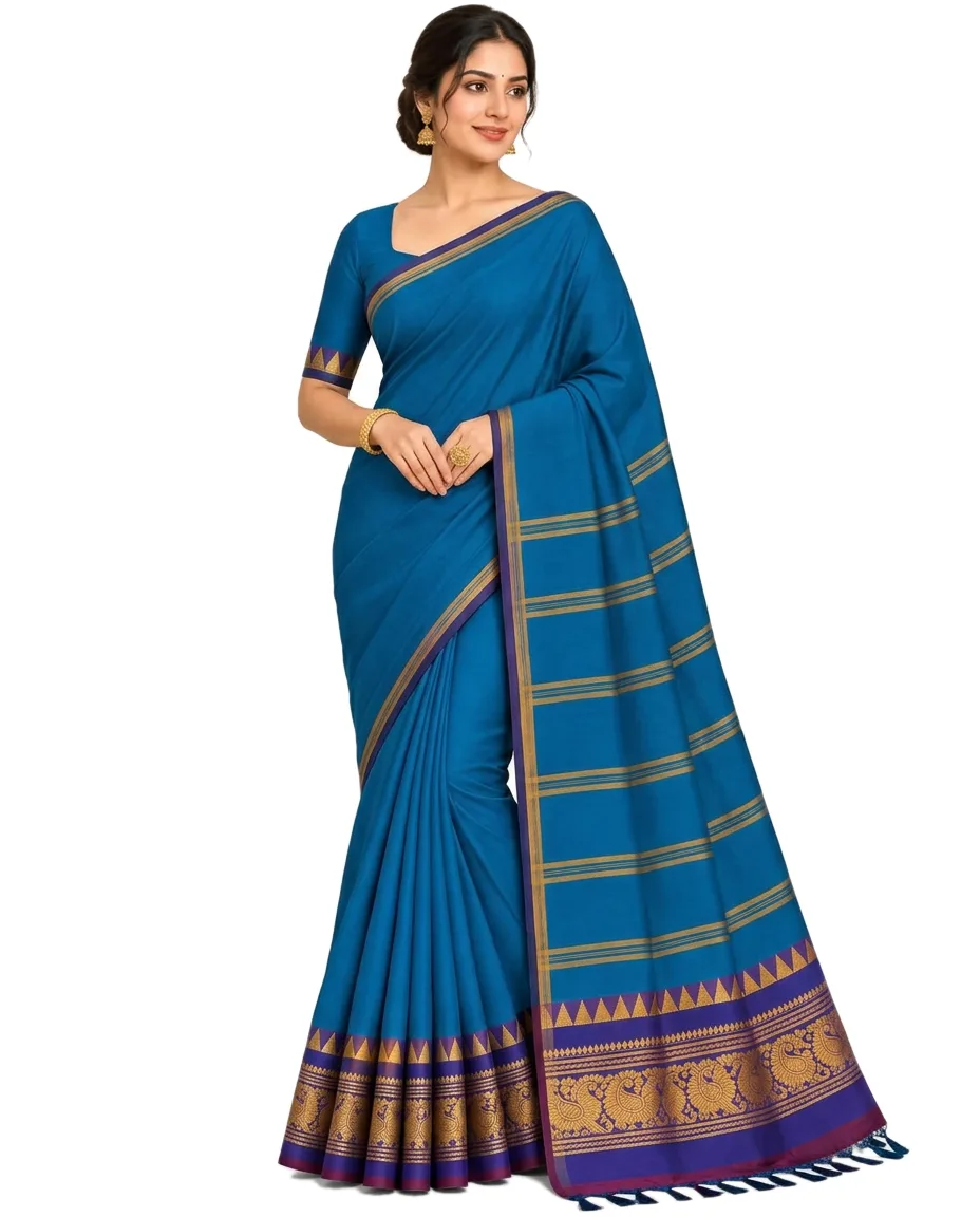 Indian Traditional pure South Cotton Saree for Women, Deep peacock Blue Colour and peacock blue Border – front view