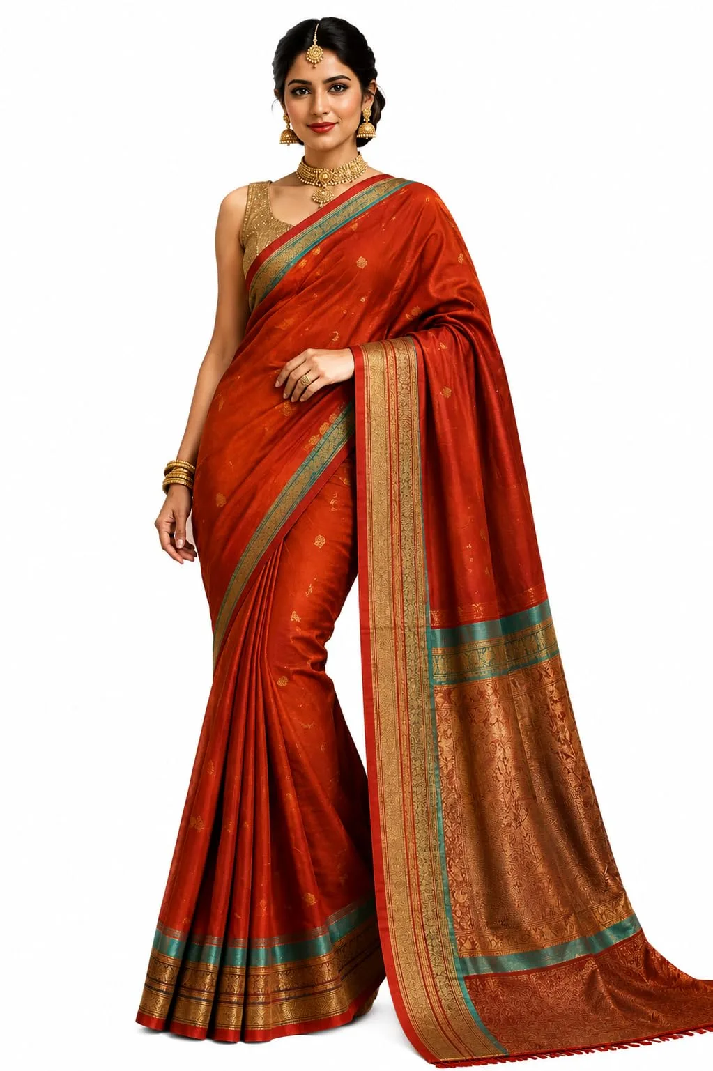 Indian Traditional Silk Gadwall Saree for Women, brick red with Small zori buti (Red)