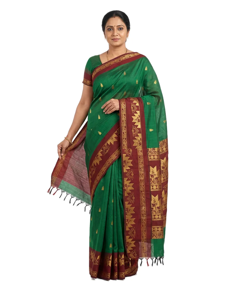 Cotton Blend Green Maroon Border Temple Zori Designed Border, Pallu Saree