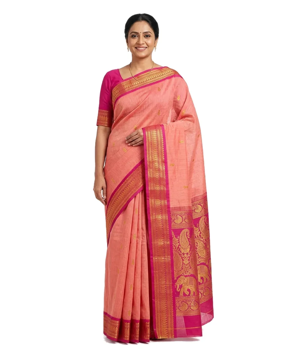 Cotton-Blend Indian Gadwal Saree, light Pink with Rani Pink Border, with Zori Worked Pallu & Rani Pink Threaded Buti