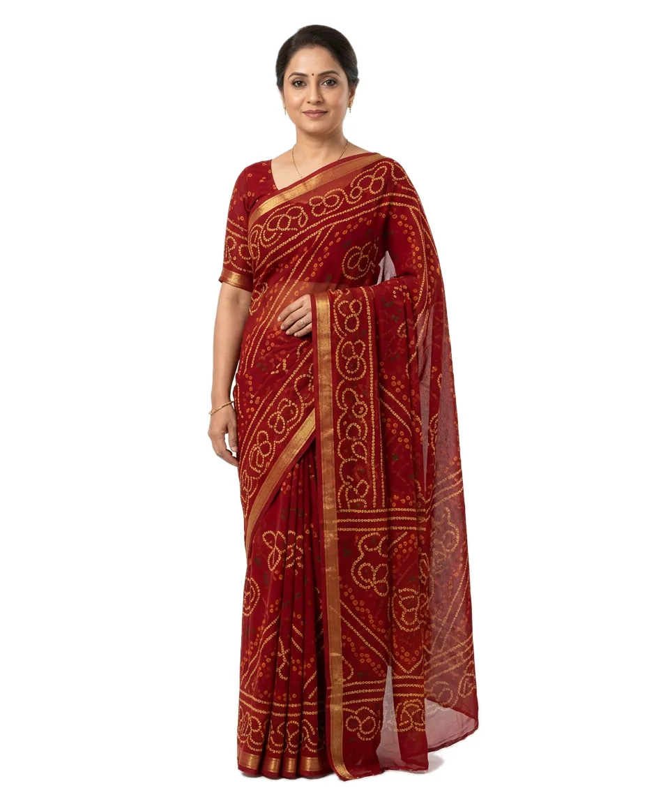 Georgette Printed Sari, Red with Polka Dot Designed Block Printed saree with Blouse Piece