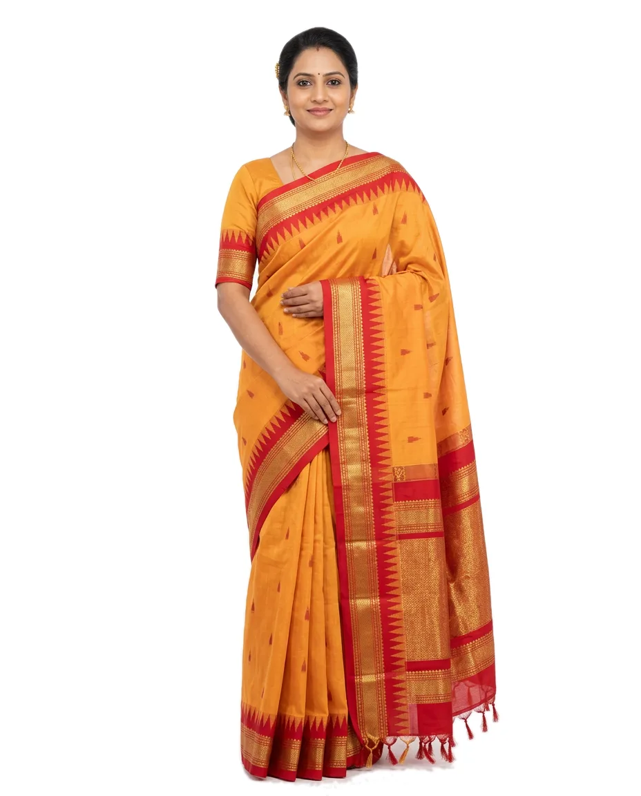 Sico Gadwal Traditional Saree for Women yellow with Buti, & Red Zori Worked Border & Rich Zori Pallu (yellow and red)