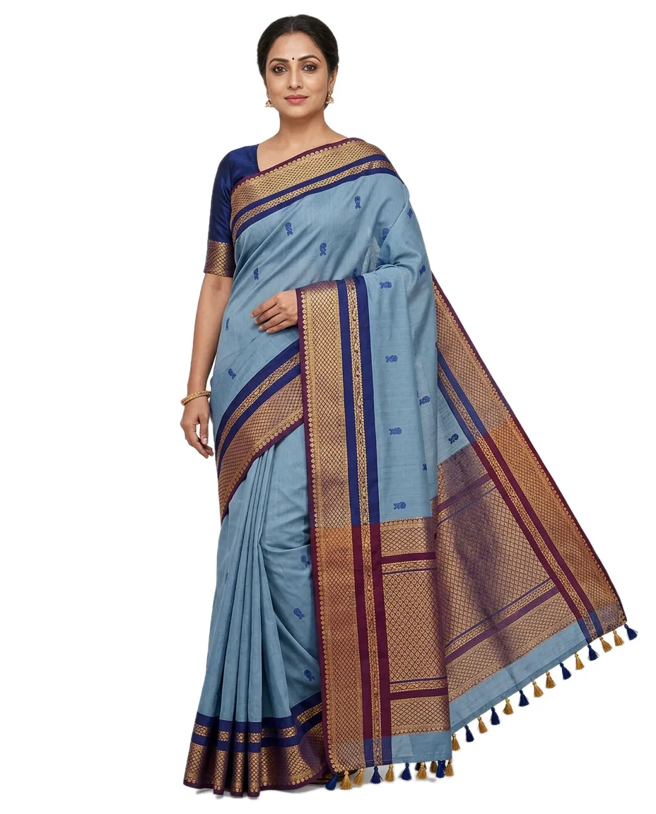 Cotton Blend Gadwall Tuft Blue with wine Color Border with Zori Work