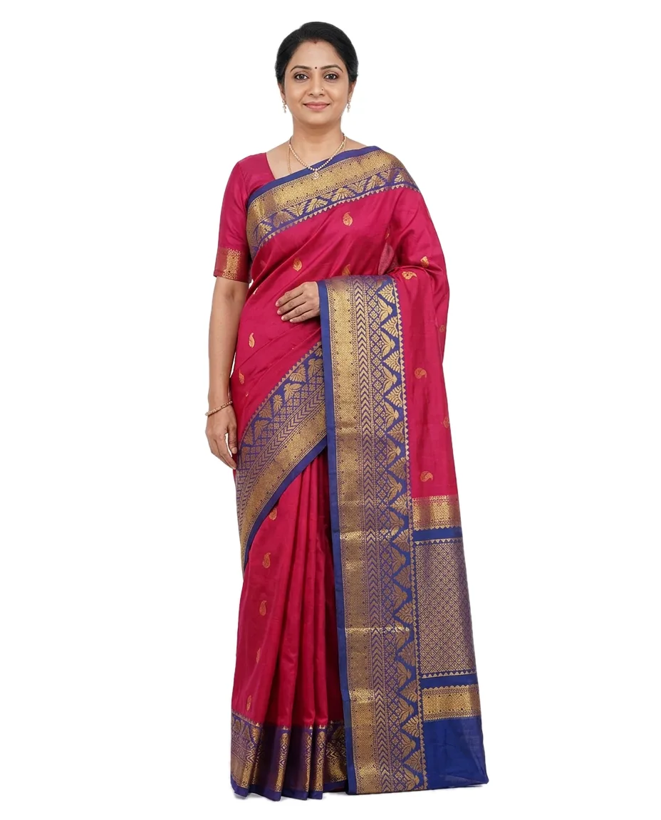 Silk Blend Saree for Women, Pinky red with Blue Zori Border