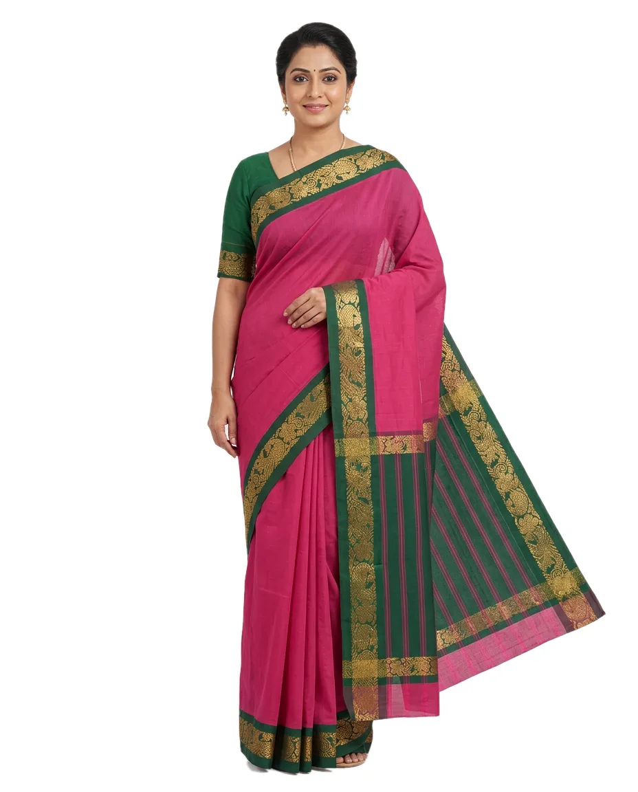 Indian Traditional pure cotton Gadwall Saree for Women, Deep Pink Colour and Deep Green Border (Deep pink)