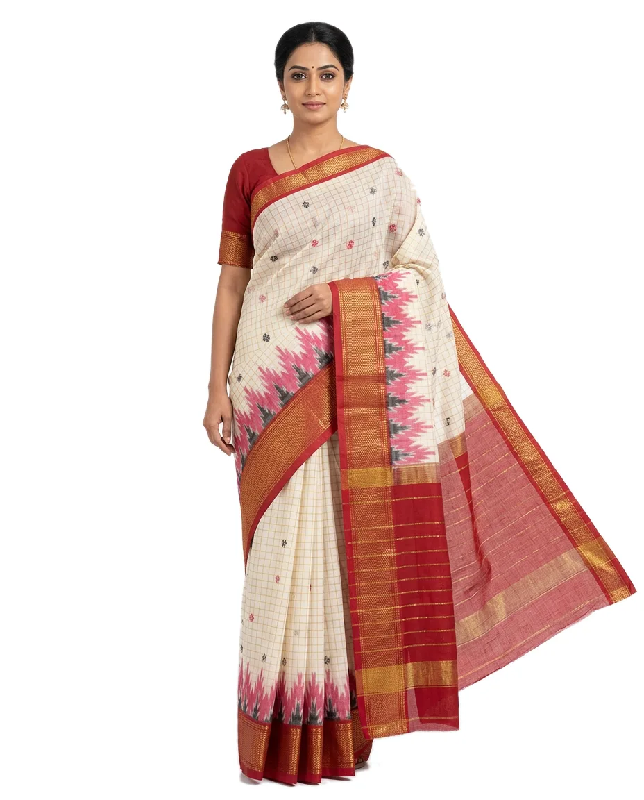 Madurai Cotton Traditional Saree for Women White Saree with small checks & Green & orange Border with buti & Ikkat Print