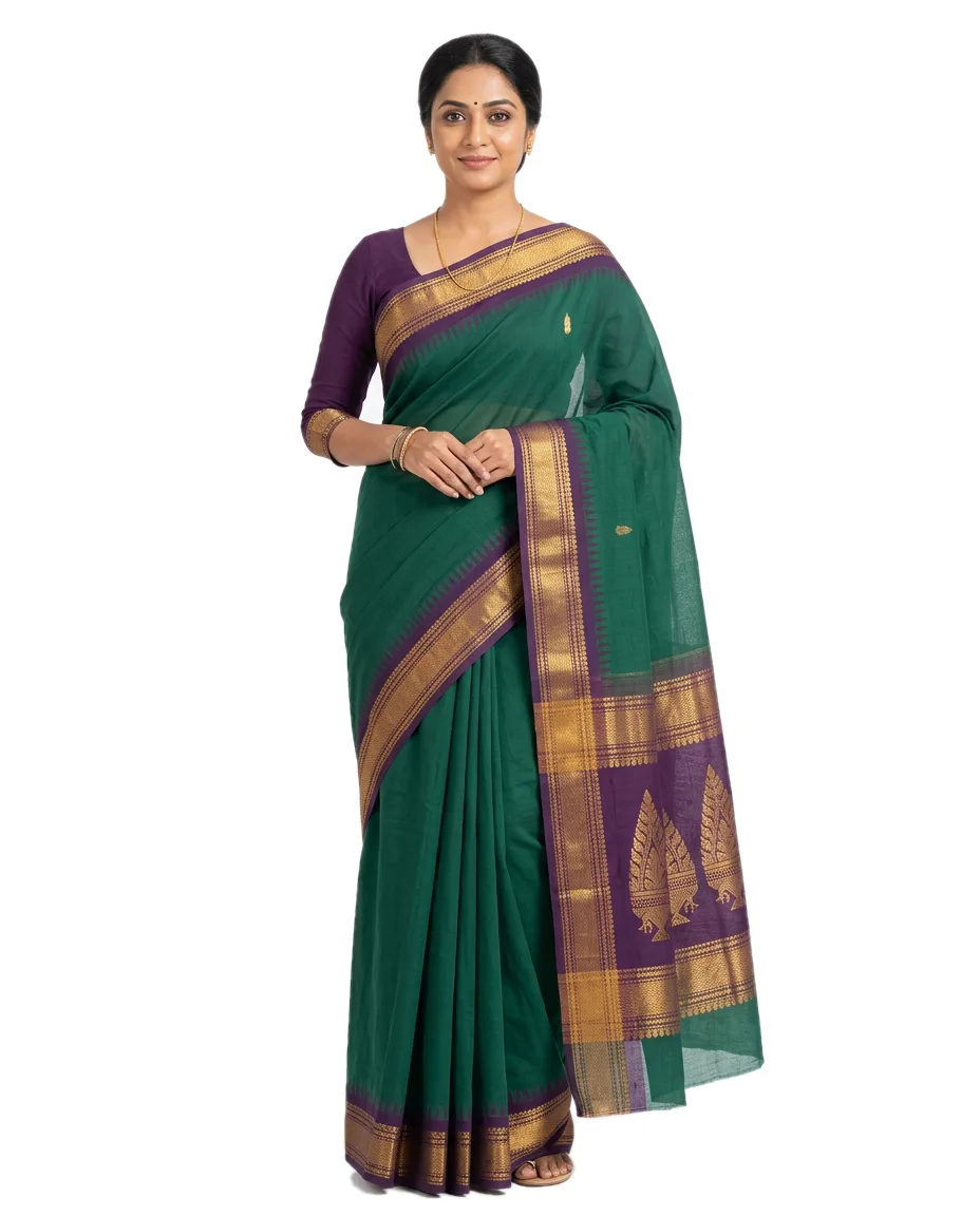 Pure Cotton Gadwall Saree, Deep Green Color Dark with purple Border