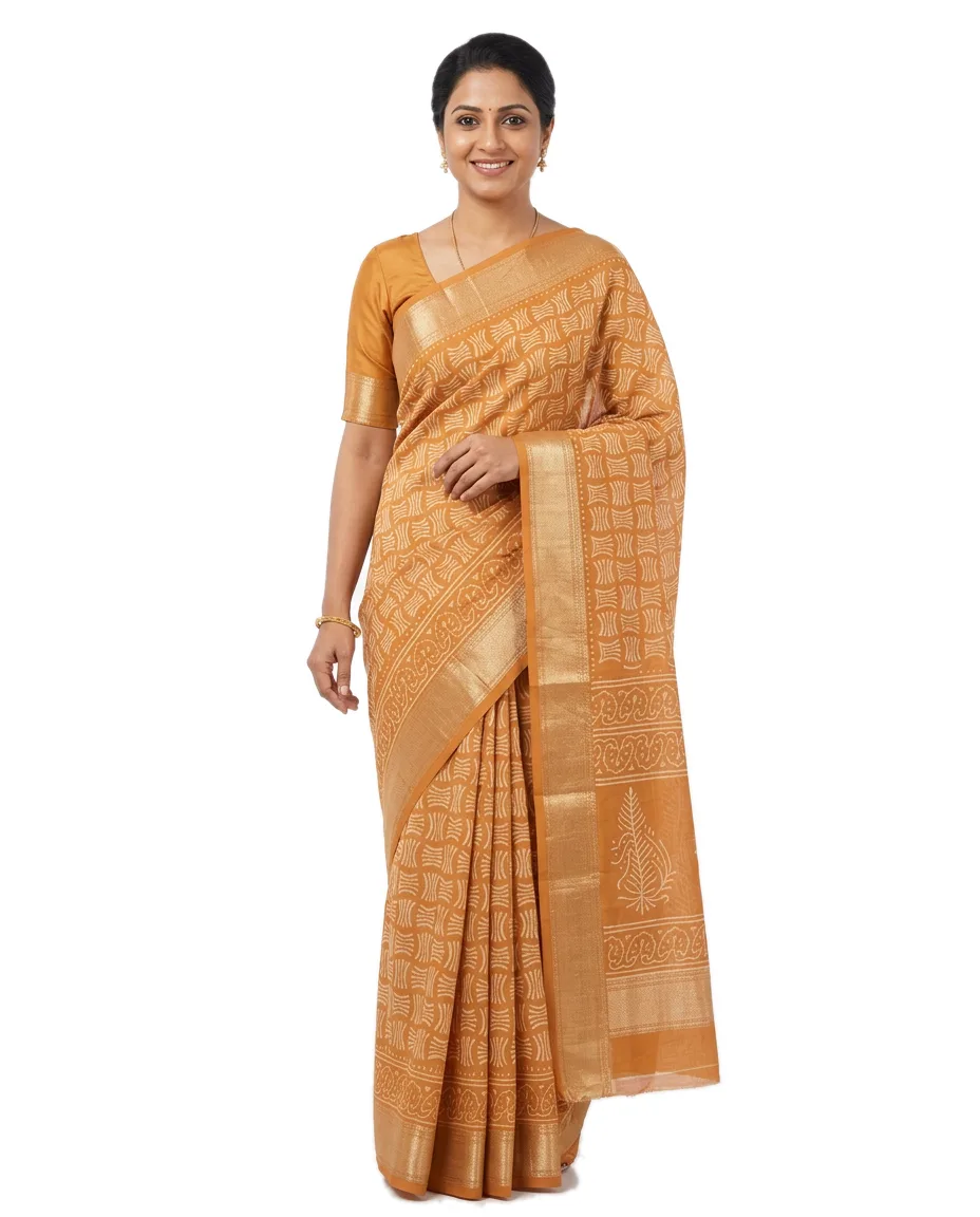 Indian Traditional Silk Blend Maheswari Saree (Yellow with white)