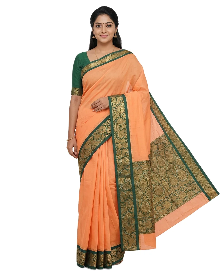 Indian Traditional Pure Cotton Gadwall Saree for Women, Light Orange with Deep Green