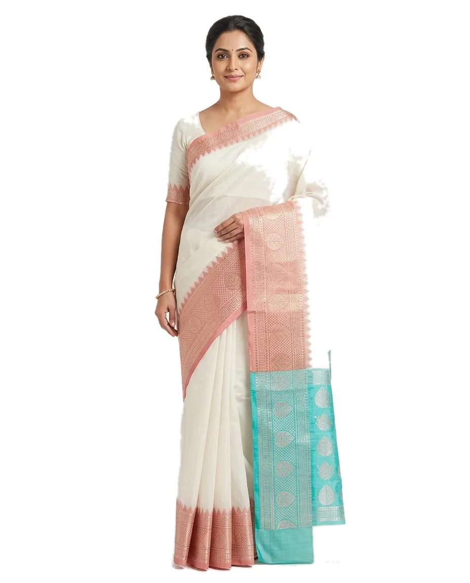 Silk Kota Indian Traditional Gadwall Saree, for Women, White Saree Plain, Ganga Yamuna
