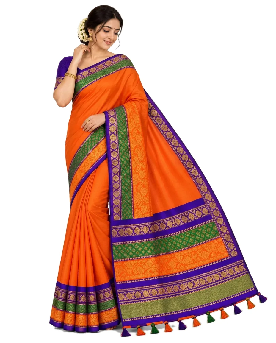 Indian Traditional Cotton Blend Gadwall saree, for Women, Orange and Multi Color Zori Worked Border & Rich Pallu – front view