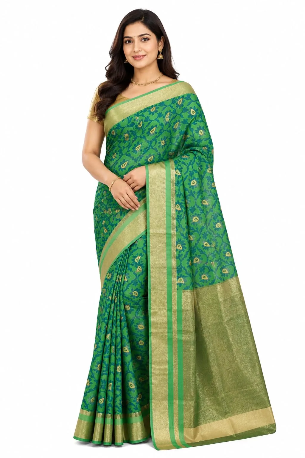 Indian Cotton Blend Chanderi Green saree woven work, with Blouse Piece