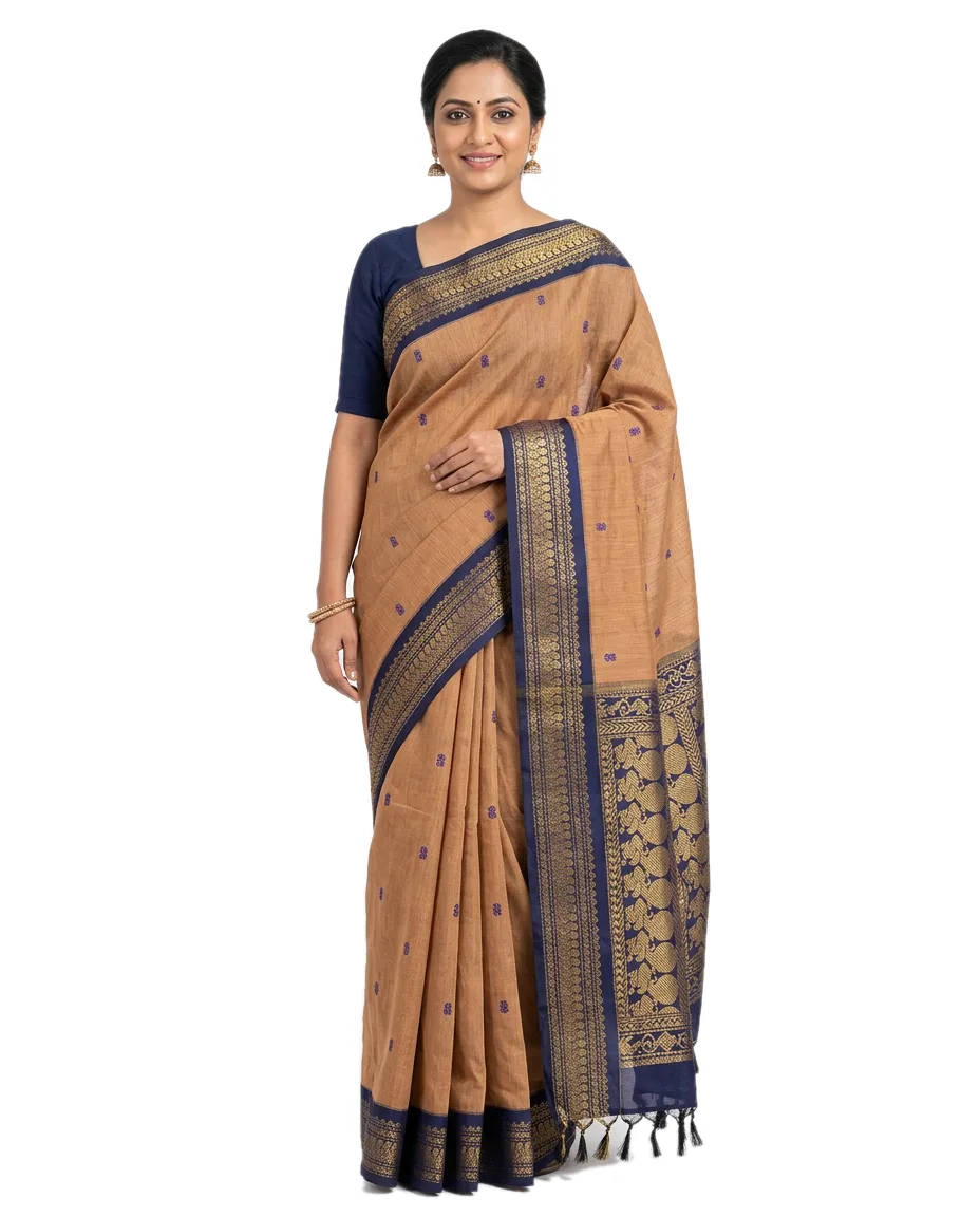 Cotton Blend Saree, Light Brown Navy Blue Border & Pallu and Blouse Piece