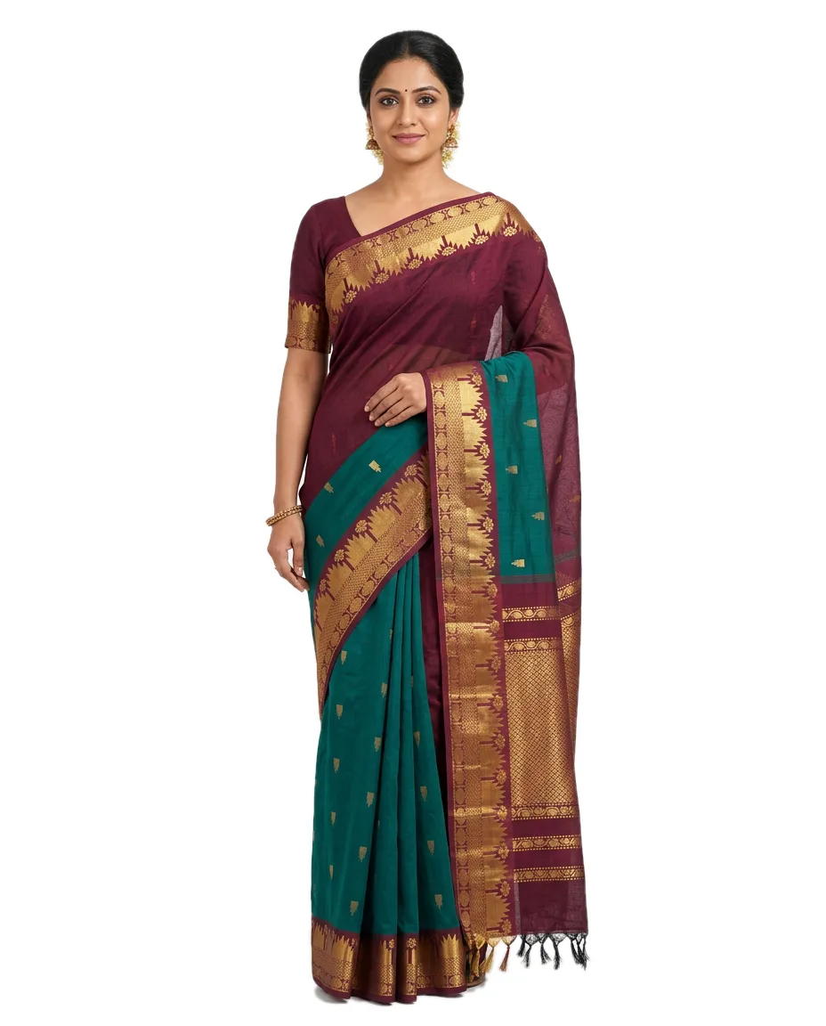 Traditional Cotton Blend Saree with Gold Zari Border, and Teal Green Saree with Maroon Border Temple Design