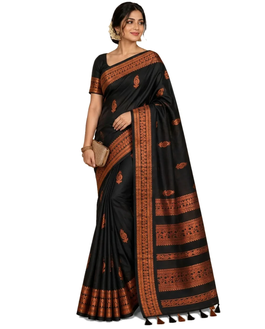 Indian Traditional Cotton Blend Gadwall Saree for Women, Black with Copper zori coloured Work – front view