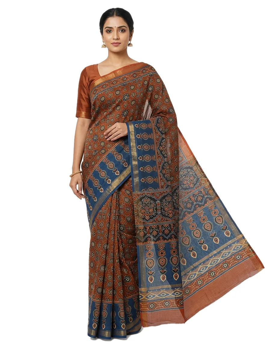 Indian Traditional Silk-Cotton Chanderi saree for Women, Hand Block Printed Brown with Multi Coloured Printed Saree with Blouse Piece