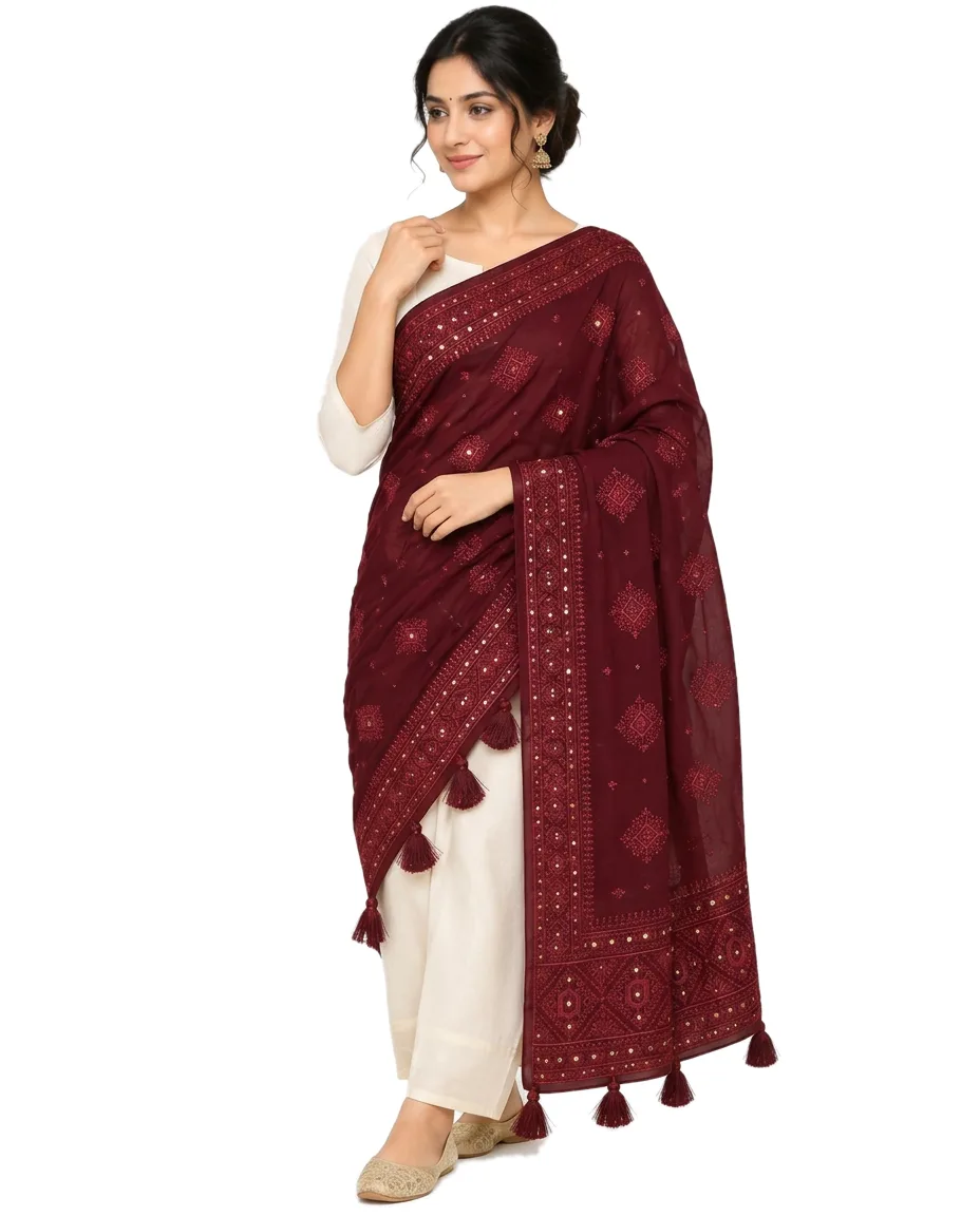 Pure Georgette Deep Maroon Chickon & mirror Work no Blouse piece – front view