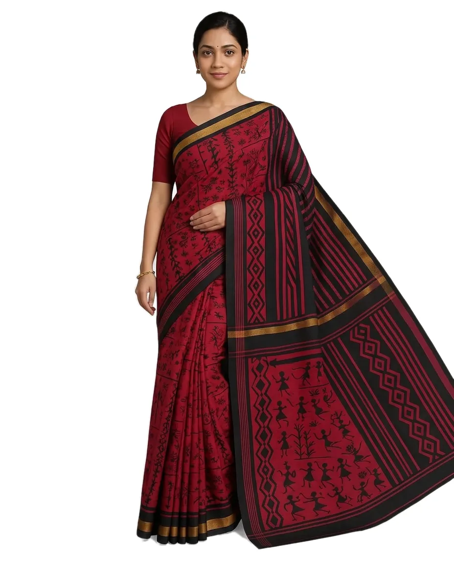 Silk Blended Warli Printed Chanderi Saree Reddish Pink with Black for Women – front view