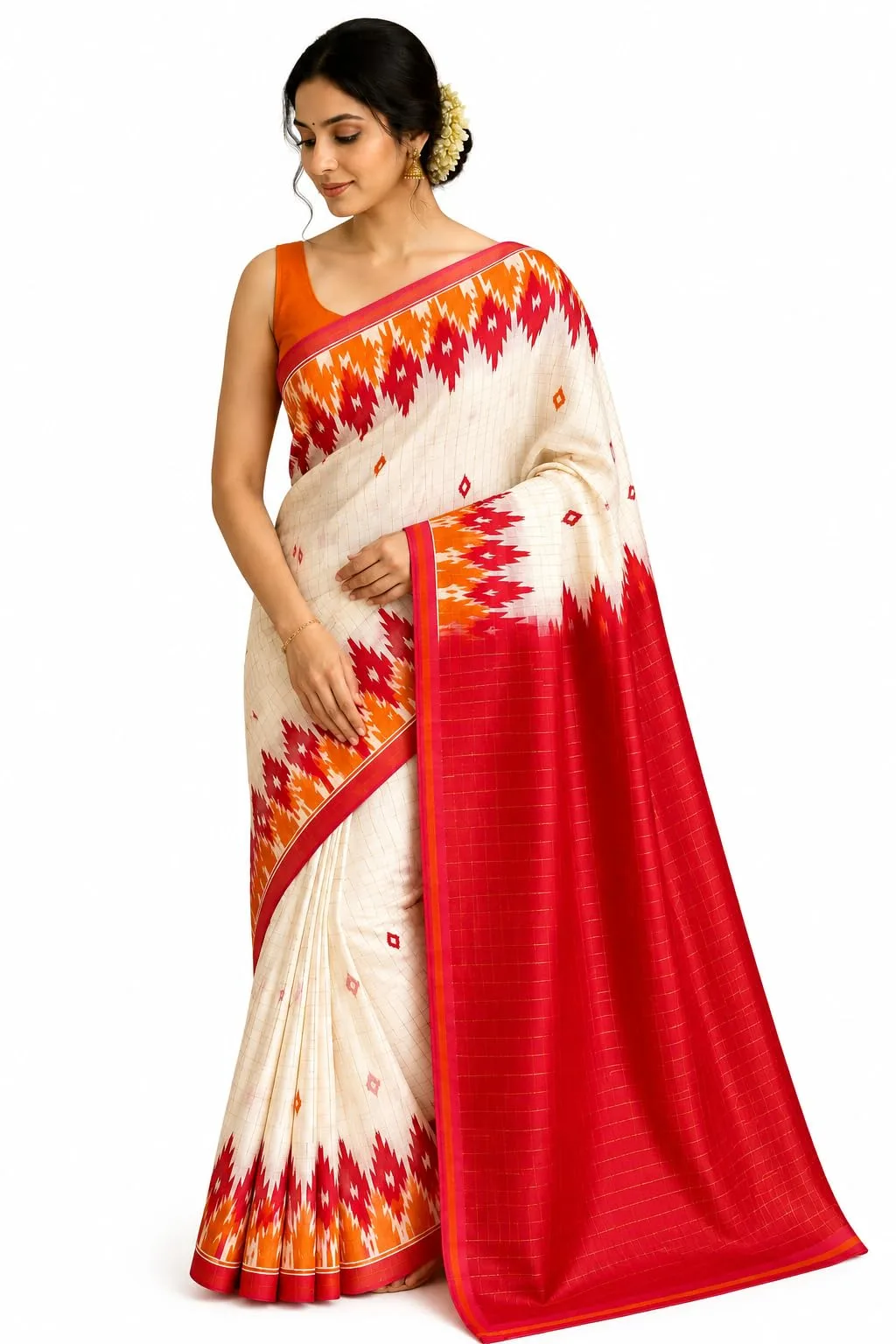 Pure Cotton White Red & Yellow Temple Zori Border & Checks Madurai Saree