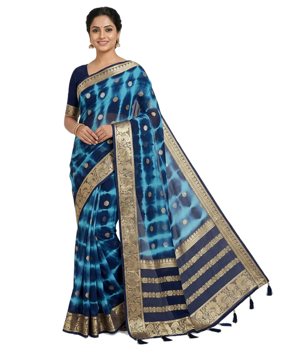 Traditional Silk Georgette Saree for Women, (Ocean Blue & Dark Blue with Zori Work)