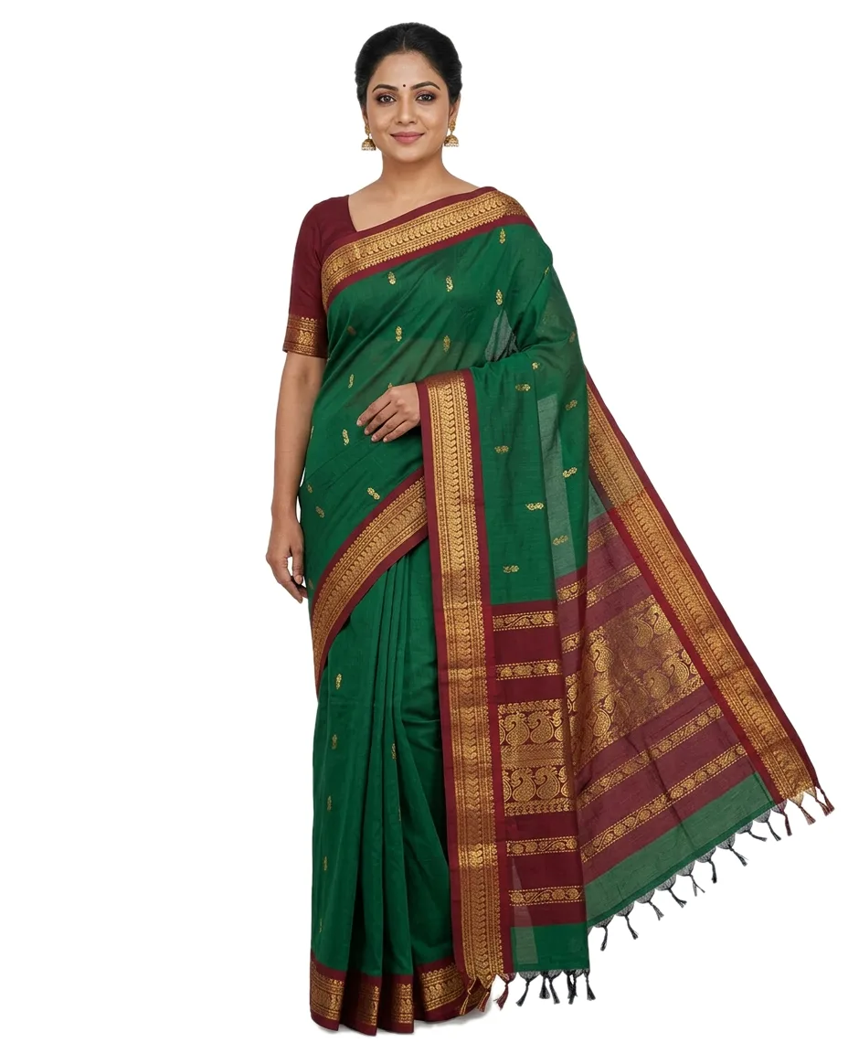 Gadwal Cotton Blend Saree, Deep Leaf Green with Maroon Peacock Worked Border and Pallu, with Zory Booty