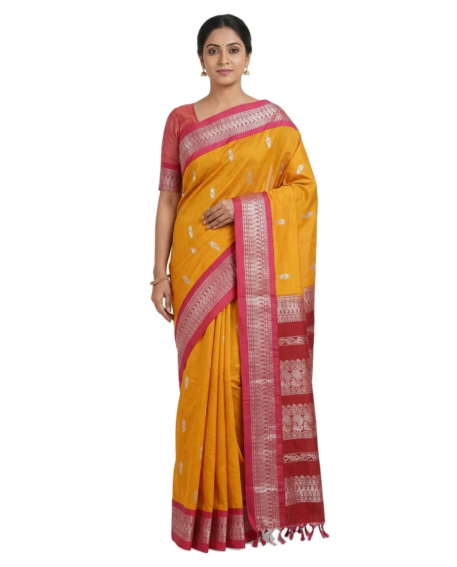 Indian Traditional Cotton Blend Gadwall Saree, Colour Yellow with Red zori border (yellow with red and silver zori
