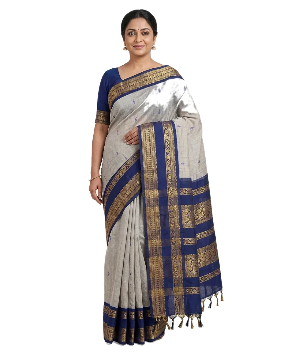 Cotton Blend Grey Gadwal Traditional Saree for Women Deep Blue Border, & zori worked Wide Pallu