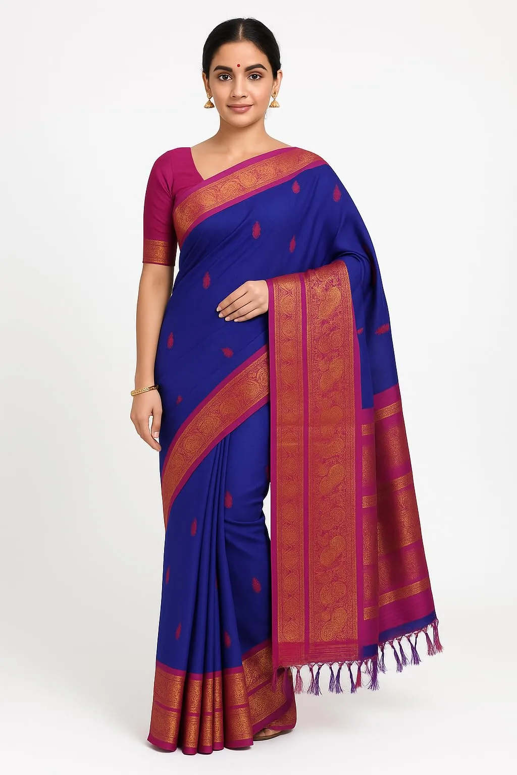 Gadwal Traditional Saree for Women Deep Blue with Rani Pink Border with Zori Work