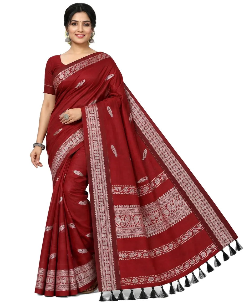 Cotton Blend Maroone Silver Zori Border & Pallu Soft Saree, for Women – front view