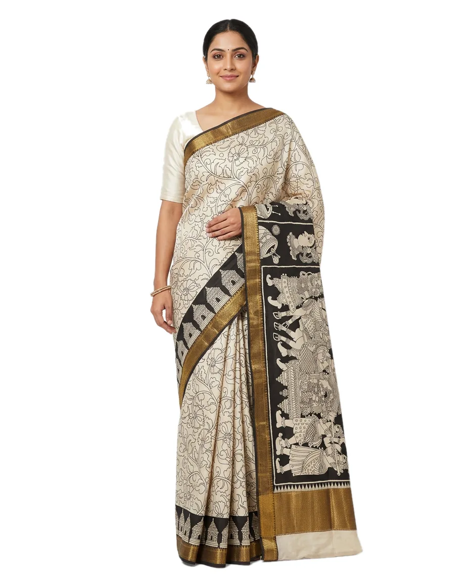 Silk Kalamkari Saree, Off White with Black (Off White with black, Silk)